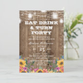 40e verjaardag Barn Wood Mason Jar & Sunflower Kaart (Staand voorkant)