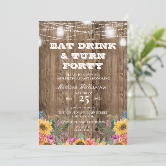 40e verjaardag Barn Wood Mason Jar & Sunflower Kaart (Staand voorkant)