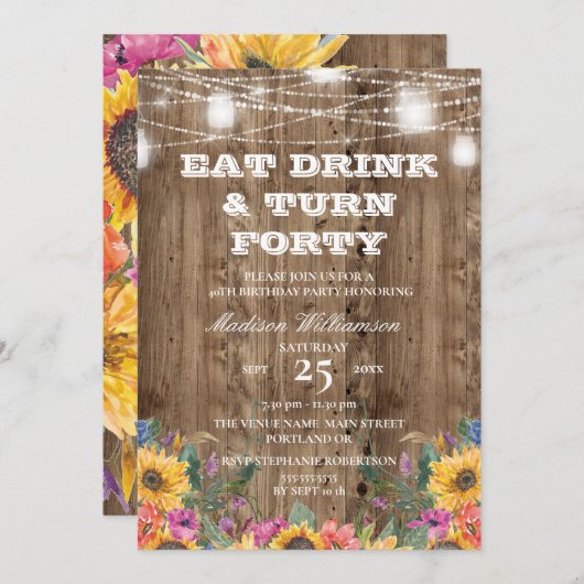 40e verjaardag Barn Wood Mason Jar & Sunflower Kaart (Voorkant / Achterkant)