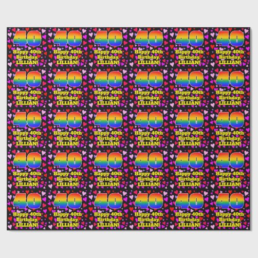 40e verjaardag: Beeldende hartenpatronen, regenboo Cadeaupapier (Vlak)