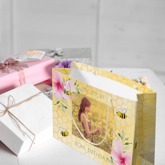 40e verjaardag bijen honingraat roze florals foto groot cadeauzakje