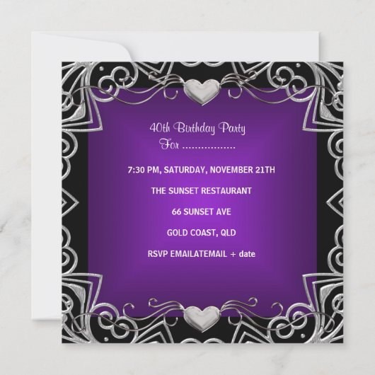 40e verjaardag Black Silver Deep Paars Kaart (Achterkant)