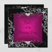40e verjaardag Black Silver Floral Pink Kaart (Voorkant / Achterkant)