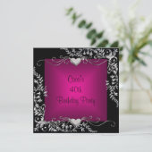 40e verjaardag Black Silver Floral Pink Kaart (Staand voorkant)