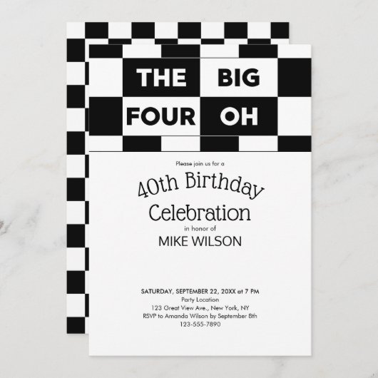 40e verjaardag Black White Checkered Pattern Kaart (Voorkant / Achterkant)