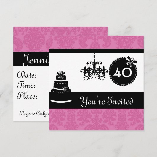 40e verjaardag Black & White & PINK Damask in Kaart (Voorkant / Achterkant)