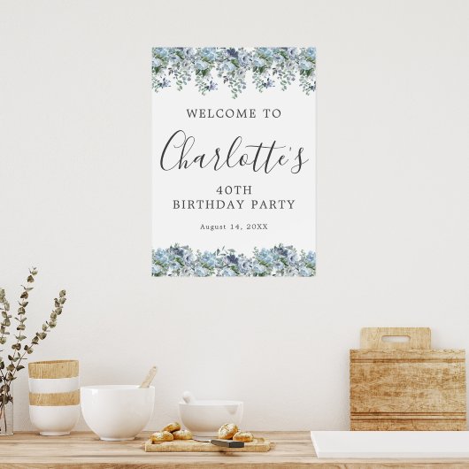 40e verjaardag Blauw Bloemen Printable Welkomstbor Poster (Keuken)