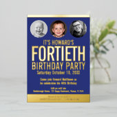 40e verjaardag blauw goudfolie fotocirkels folie uitnodiging (Staand Voorkant)