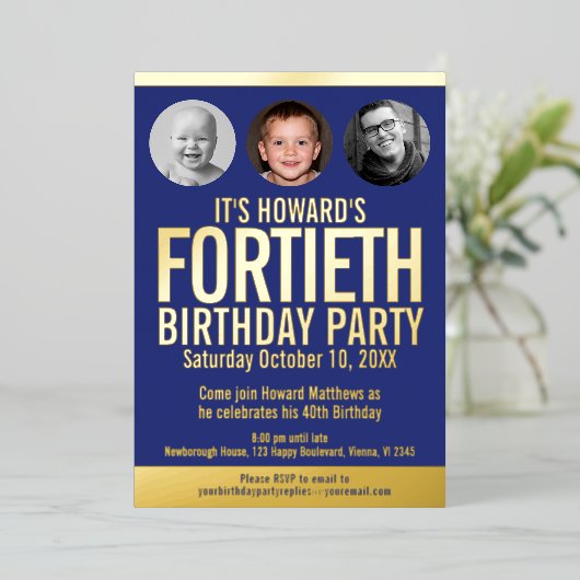 40e verjaardag blauw goudfolie fotocirkels folie uitnodiging (Staand Voorkant)