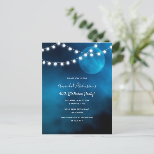 40e verjaardag blauwe maan lichtsnaren uitnodiging (Staand voorkant)