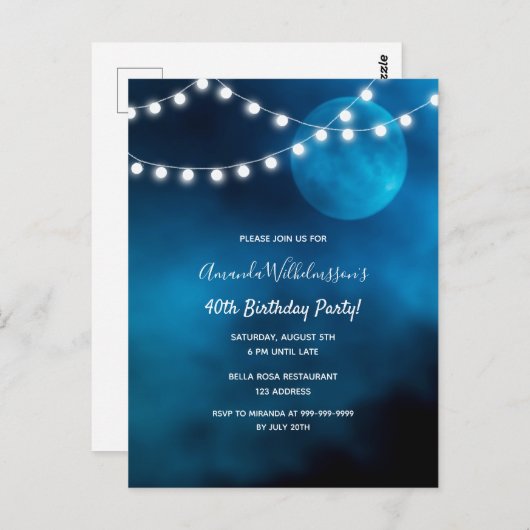 40e verjaardag blauwe maan lichtsnaren uitnodiging (Voorkant / Achterkant)