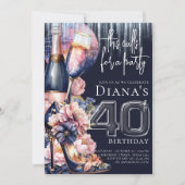 40e Verjaardag Blauwe Roze Hiel Champagne Kaart (Voorkant)