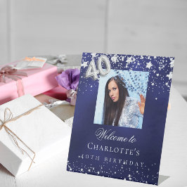 40e verjaardag blauwe zilveren sterren foto welkom reclamebord met voetstuk