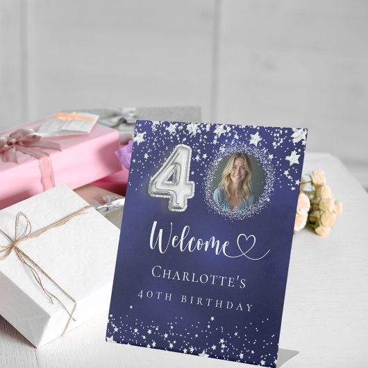 40e verjaardag blauwe zilveren sterren foto welkom reclamebord met voetstuk