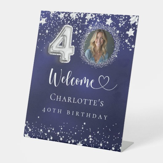 40e verjaardag blauwe zilveren sterren foto welkom reclamebord met voetstuk (Voorkant)