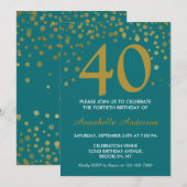 40e Verjaardag Blauwgroen Aqua Gold Modern Confett Kaart (Voorkant / Achterkant)