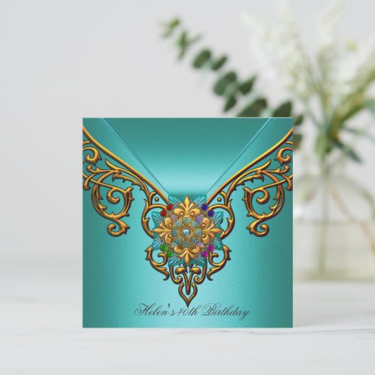 40e verjaardag Blauwgroen blauwe goudsieraden Kaart (Staand voorkant)
