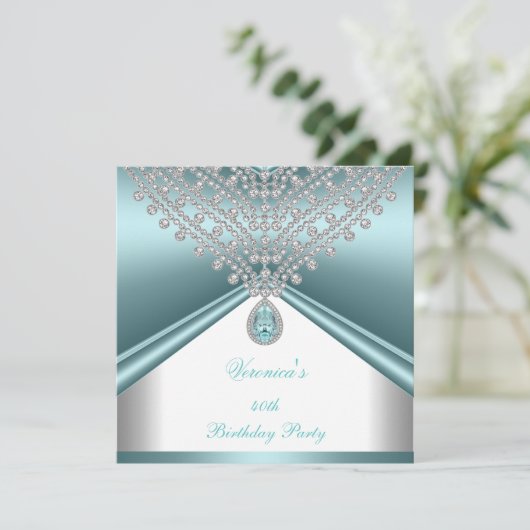 40e verjaardag Blauwgroen blauwe witte diamanten Kaart (Staand voorkant)