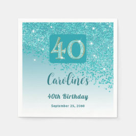 40e Verjaardag  Blauwgroen Blue Glitter servetten