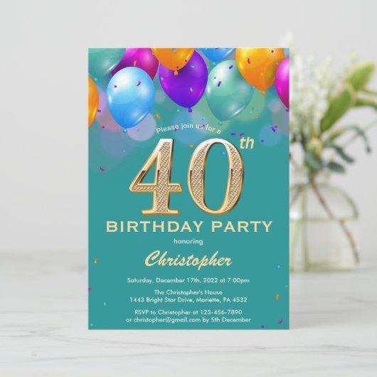 40e verjaardag Blauwgroen en goudkleurige ballonne Kaart (Staand voorkant)