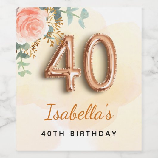 40e verjaardag bloem roos goud eucalyptusmonogram wijn etiket (Enkel label)