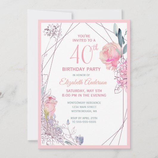 40e Verjaardag Bloemen Blush Roos Waterverf Party Kaart (Voorkant)