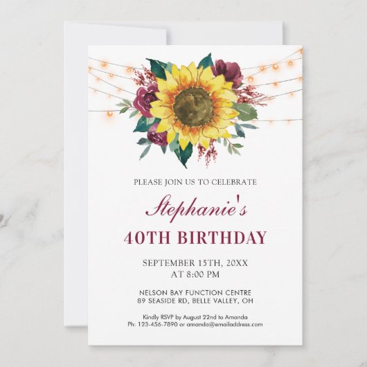 40e Verjaardag Bloemen Zonnebloem String Lights Pa Kaart (Voorkant)