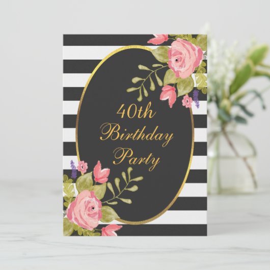 40e Verjaardag Bloemen Zwart Witte Strepen Gouden Kaart (Staand voorkant)