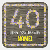 40e verjaardag: Bloemennummer, Faux Wood Look, Naa Vierkante Sticker (Voorkant)
