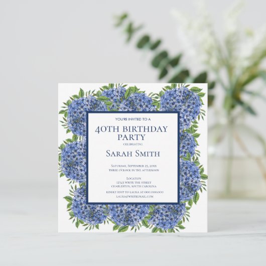 40e verjaardag Blue Hydrangeas Waterverf Party Inv Kaart (Staand voorkant)
