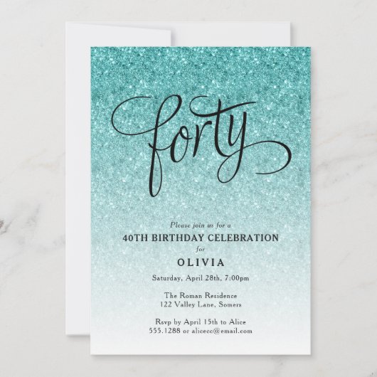 40e verjaardag Blue Ombre Glitter uitnodiging (Voorkant)