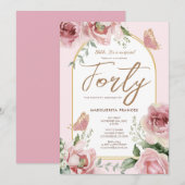 40e Verjaardag Blush Roze Waterverf Bloemen Rozen Kaart (Voorkant / Achterkant)