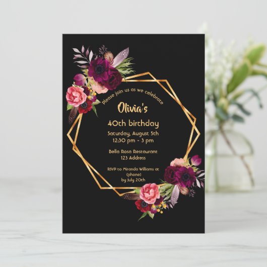 40e verjaardag bogundy floral gold geometric black kaart (Staand voorkant)