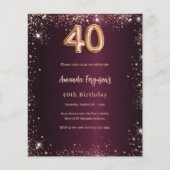 40e verjaardag Bourgogne roos gouden uitnodiging (Voorkant)