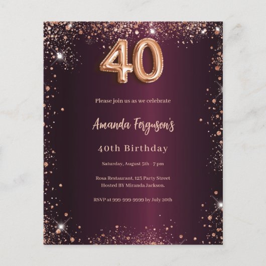 40e verjaardag Bourgogne roos gouden uitnodiging (Voorkant)