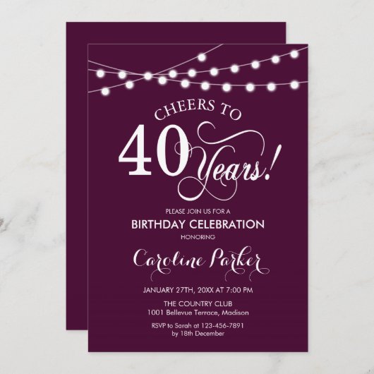 40e verjaardag - Bourgogne Wit Kaart (Voorkant / Achterkant)