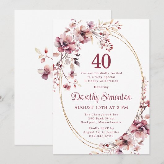 40e verjaardag Bourgondië Blush Roze Wildflower Kaart (Voorkant / Achterkant)