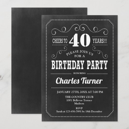 40e verjaardag - Chalkboard Black White Kaart (Voorkant / Achterkant)