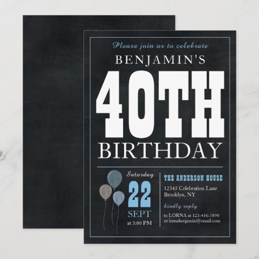 40e verjaardag Chalkboard Blue Balloon Roche Kaart (Voorkant / Achterkant)