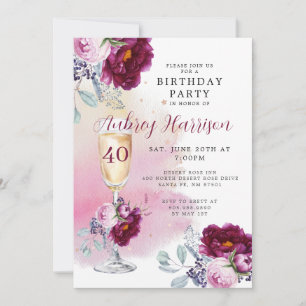 40e verjaardag Champagne Glass Floral Birthday Kaart