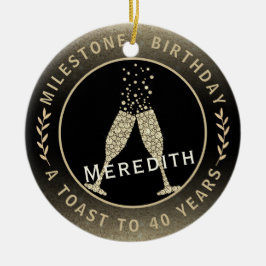 40e verjaardag Champagne Toast Name Gold Black Keramisch Ornament