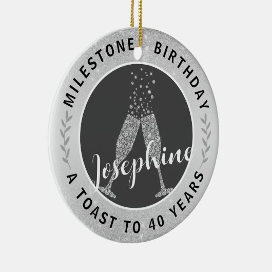 40e verjaardag Champagne Toast Name Silver Grey Keramisch Ornament (Rechts)