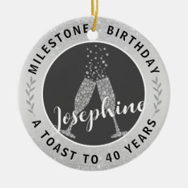 40e verjaardag Champagne Toast Name Silver Grey Keramisch Ornament