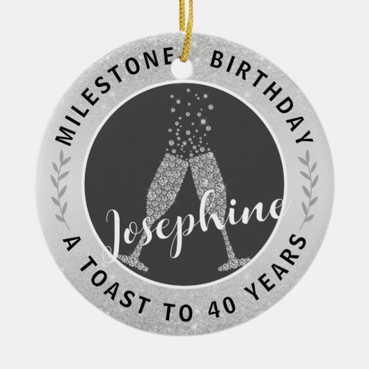 40e verjaardag Champagne Toast Name Silver Grey Keramisch Ornament (Voorkant)