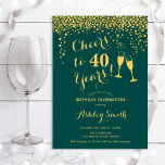 40e verjaardag - Cheers tot 40 jaar Emerald Green Kaart<br><div class="desc">40e uitnodiging van de verjaardag. Cheers tot 40 jaar! Elegant ontwerp in smaragdgroen en goud. Met champagnebril,  scriptlettertype en confetti. Ideaal voor een stijlvol veertigjarig feest. Pas je eigen gegevens aan. Kan op elke leeftijd aan show worden aangepast.</div>