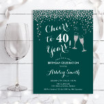 40e verjaardag - Cheers tot 40 jaar zilver groen Kaart<br><div class="desc">40e uitnodiging van de verjaardag. Cheers tot 40 jaar! Elegant ontwerp in donkergroen,  wit en zilver. Met champagnebril,  scriptlettertype en confetti. Ideaal voor een stijlvol veertigjarig feest. Pas je eigen gegevens aan. Kan op elke leeftijd aan show worden aangepast.</div>