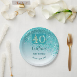 40e verjaardag Chic Falling Blauwgroen Blue Glitte Papieren Bordje