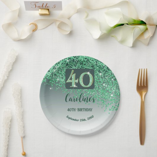 40e verjaardag Chic Falling Green Glitter Papieren Bordje (Huwelijk)