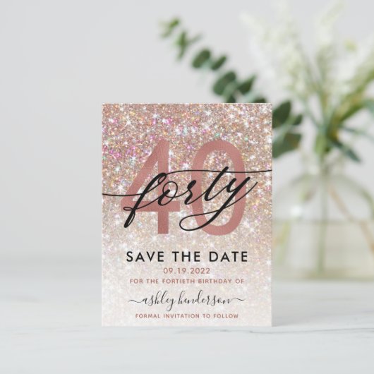 40e verjaardag Chic Glitter Ombre Bewaar de datum Briefkaart (Staand voorkant)