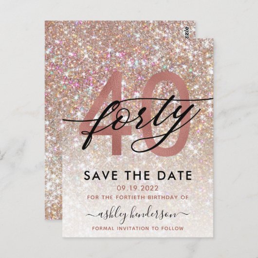 40e verjaardag Chic Glitter Ombre Bewaar de datum Briefkaart (Voorkant / Achterkant)